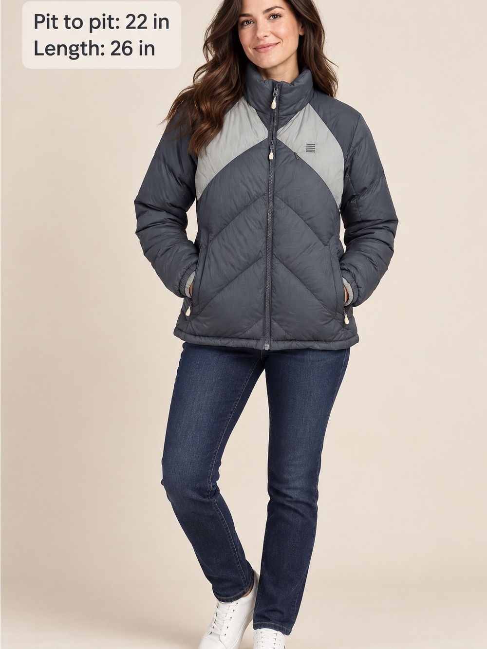 Landsโ End Womenโs S Gray Chevron Goose Down Puffer Jacket 80/20